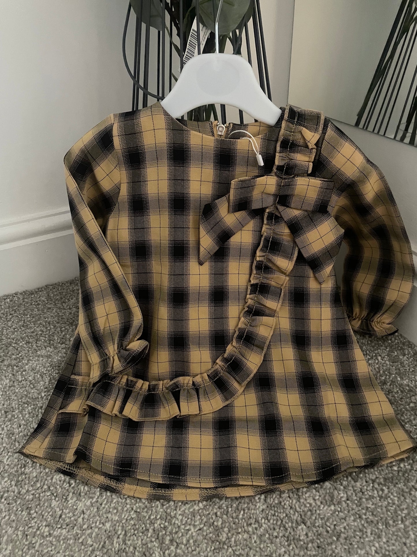 Beige Tartan Frill Bow Dress